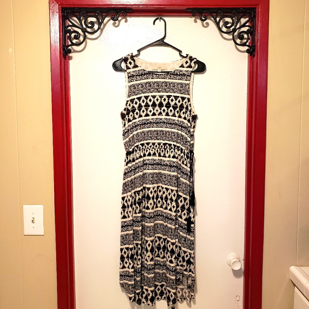 LOFT Black and Cream Patterned Midi Dress